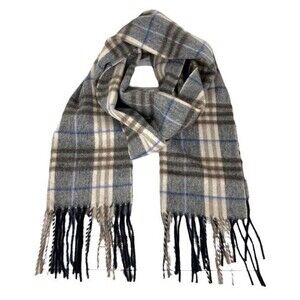 Enzo Montavani Cashmere & Wool Plaid Scarf Unisex Neutral Preppy Casual Fringe